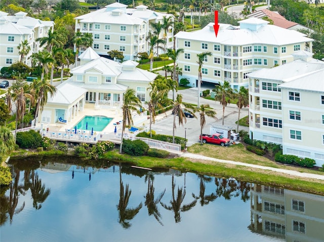 drone / aerial view featuring a water view