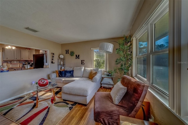 living room featuring light hardwood / wood-style flooring and a textured ceiling