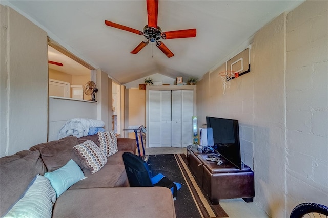 living room featuring lofted ceiling and ceiling fan