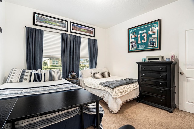 bedroom with light carpet