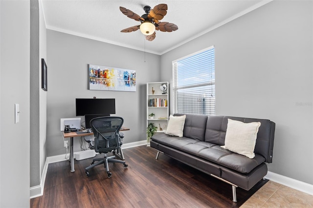 office space featuring hardwood / wood-style floors, ornamental molding, and ceiling fan