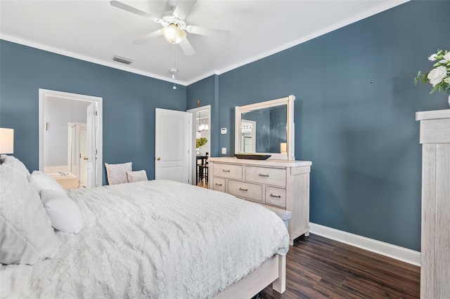 bedroom featuring ceiling fan, ensuite bathroom, and dark hardwood / wood-style flooring