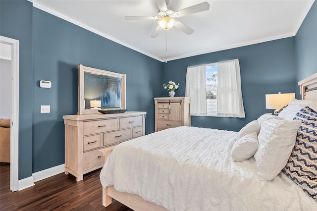 bedroom featuring ornamental molding, ceiling fan, and dark hardwood / wood-style flooring