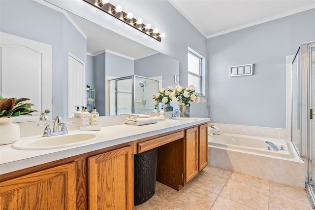 bathroom with vanity, separate shower and tub, tile patterned floors, and crown molding