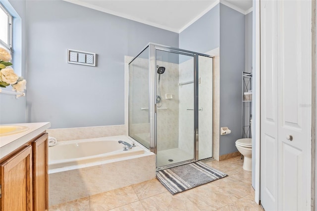 full bathroom with shower with separate bathtub, ornamental molding, vanity, toilet, and tile patterned floors