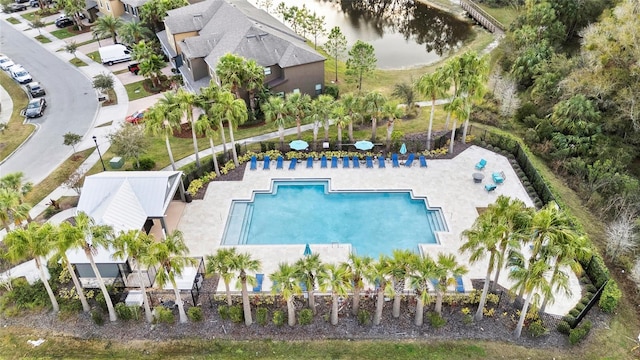 aerial view featuring a water view