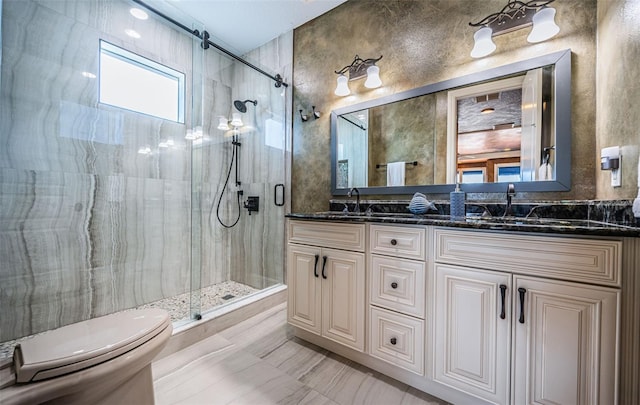 bathroom with vanity, a shower with door, and toilet