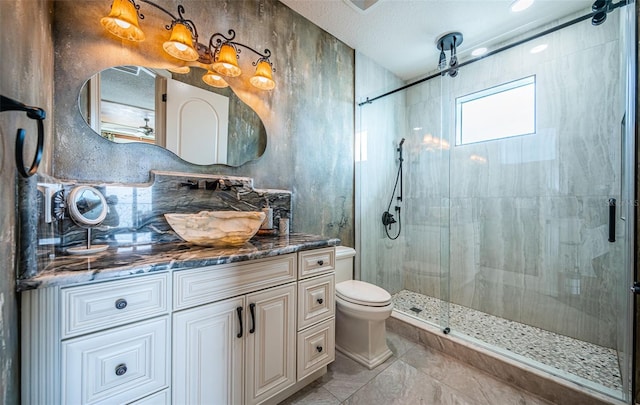 bathroom featuring vanity, an enclosed shower, and toilet