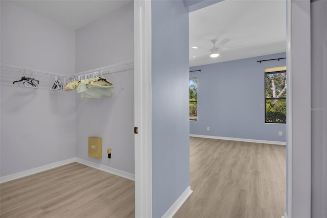 laundry room with ceiling fan and light hardwood / wood-style floors