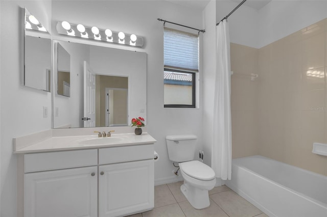 full bathroom with shower / tub combo with curtain, tile patterned floors, toilet, and vanity