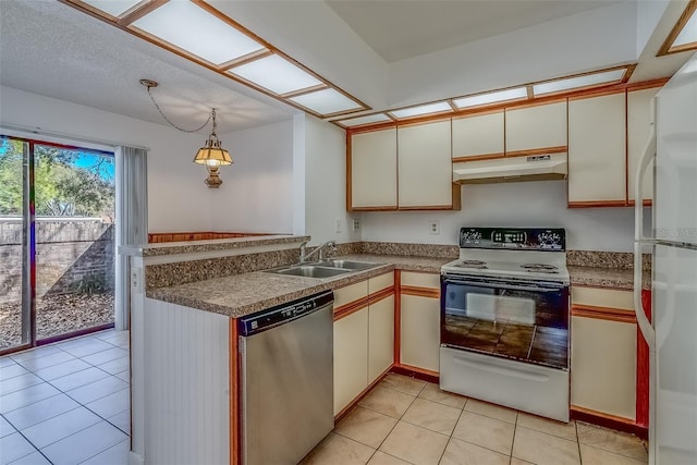 kitchen featuring light tile patterned floors, electric range oven, stainless steel dishwasher, under cabinet range hood, and a sink