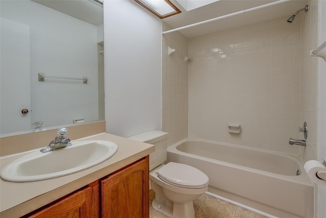 bathroom with vanity, bathing tub / shower combination, tile patterned flooring, and toilet