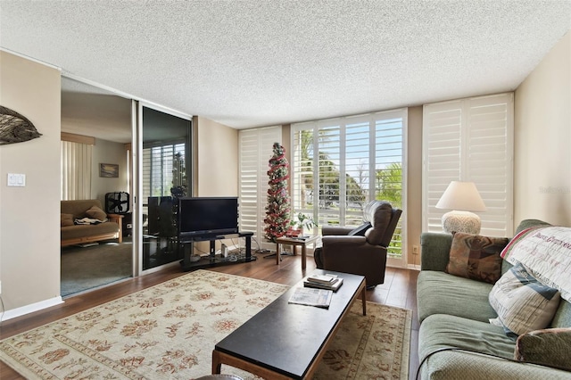 living room with dark hardwood / wood-style flooring, a textured ceiling, expansive windows, and a healthy amount of sunlight