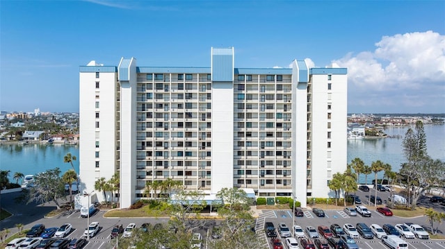 view of building exterior featuring a water view