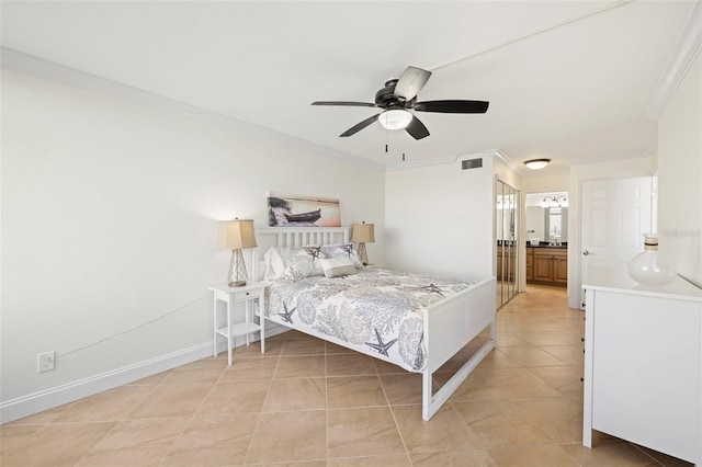 tiled bedroom with crown molding, ensuite bathroom, and ceiling fan