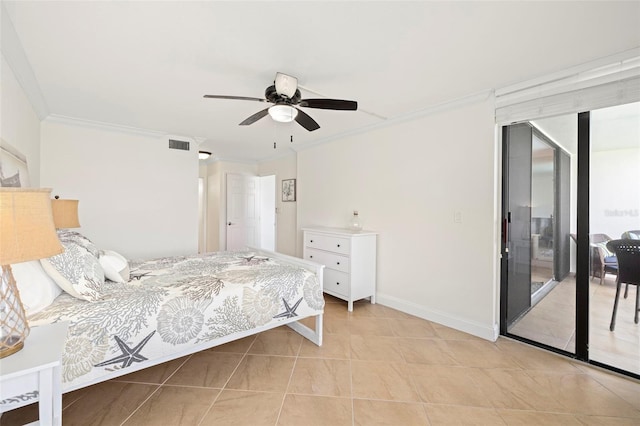 tiled bedroom with crown molding, access to outside, and ceiling fan