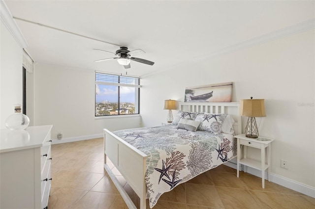 tiled bedroom featuring crown molding and ceiling fan