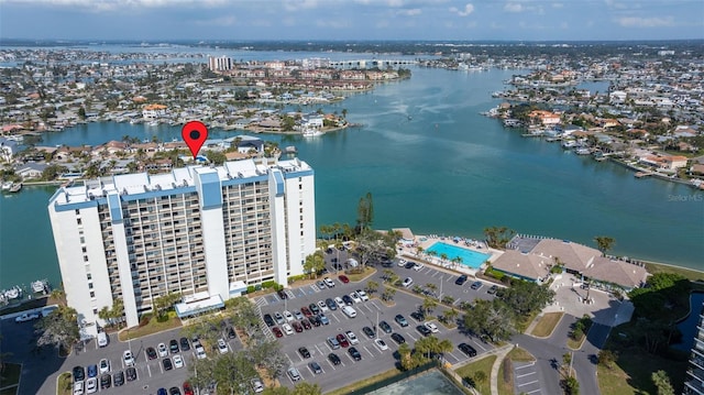 bird's eye view with a water view