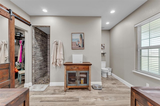 bathroom with vanity, hardwood / wood-style floors, walk in shower, and toilet