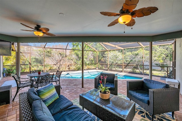 exterior space featuring an outdoor living space and a lanai