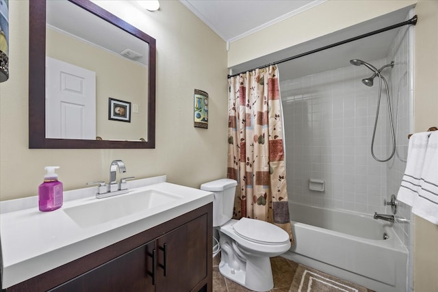 full bathroom featuring tile patterned floors, toilet, crown molding, shower / tub combo, and vanity