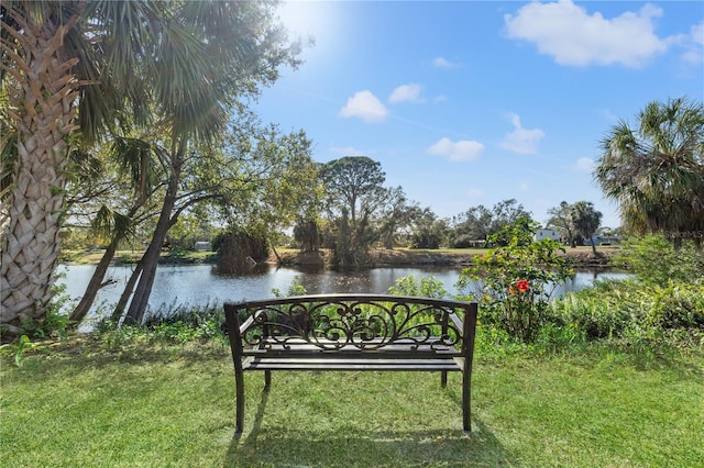 view of property's community with a yard and a water view