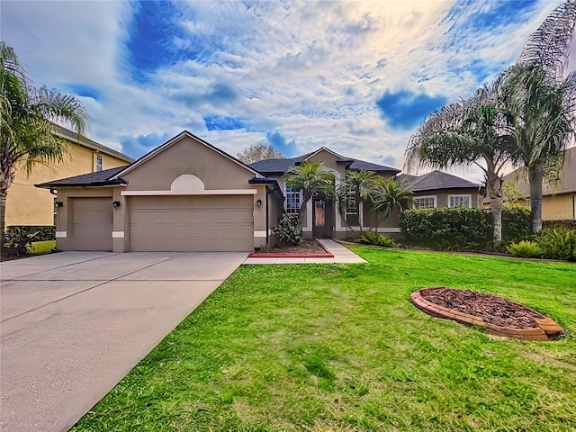 ranch-style house with a garage and a front yard