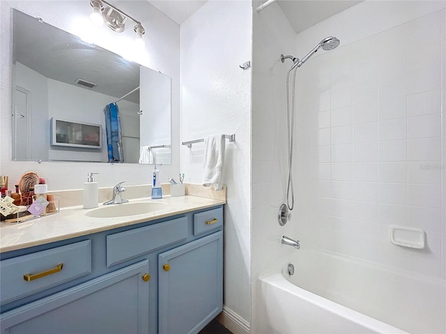 bathroom featuring vanity and shower / bath combo with shower curtain