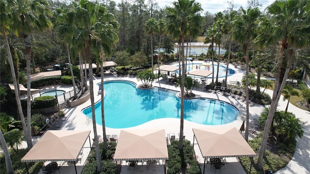 view of pool with a hot tub and a patio area