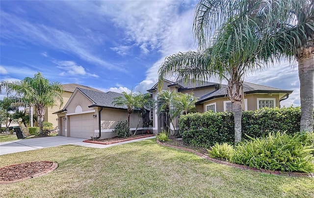 view of front of home featuring an attached garage, driveway, a front lawn, and stucco siding