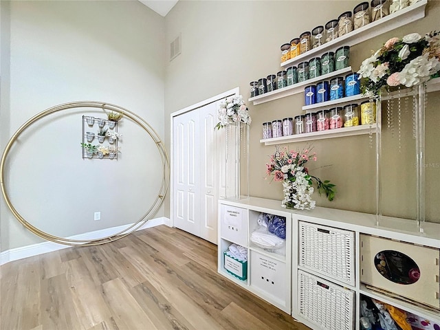 interior space with baseboards, visible vents, and wood finished floors