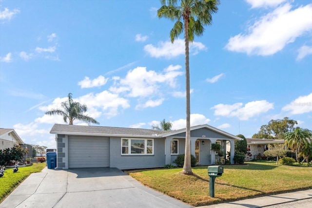 ranch-style house with a garage and a front lawn