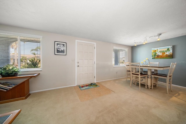 carpeted dining room with track lighting and a textured ceiling