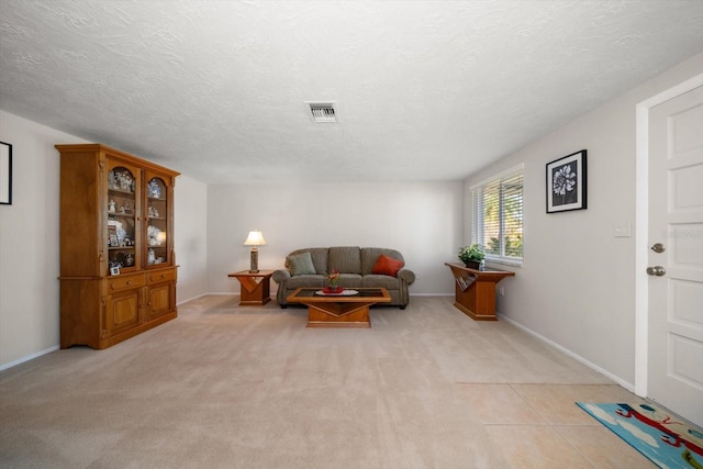 sitting room featuring light colored carpet and a textured ceiling