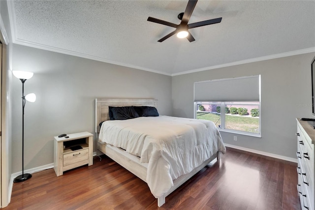 bedroom featuring dark hardwood / wood-style flooring, ceiling fan, crown molding, and a textured ceiling