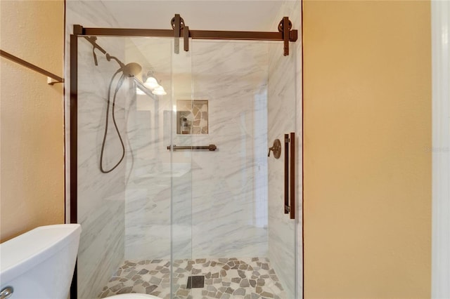 bathroom with a shower with shower door and toilet