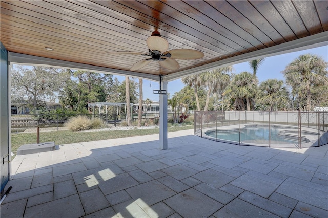 view of pool featuring ceiling fan, a pergola, and a patio area