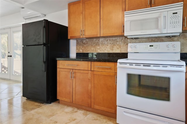 kitchen with an AC wall unit, white appliances, brown cabinets, and tasteful backsplash