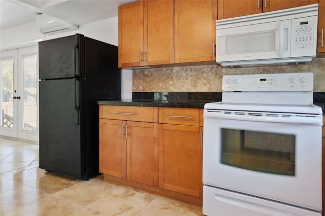 3087 Duane Ave, Oldsmar, FL 34677 - kitchen with a wall mounted AC, white appliances, brown cabinets, and tasteful backsplash