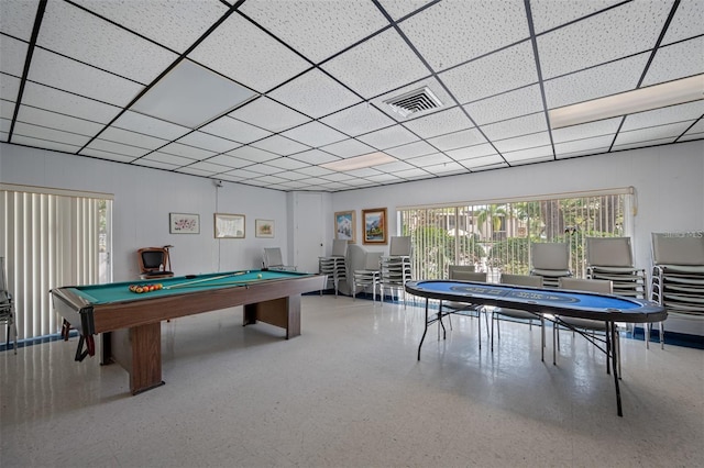 recreation room featuring a drop ceiling and pool table