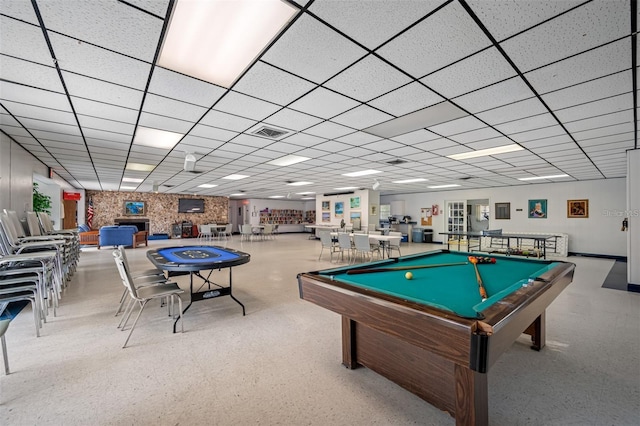 rec room featuring a paneled ceiling and billiards