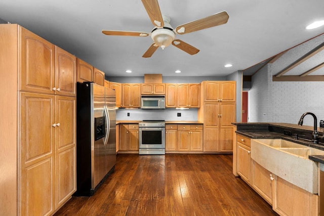 kitchen with sink, dark wood-type flooring, ceiling fan, and appliances with stainless steel finishes