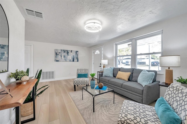 living room with a textured ceiling and light hardwood / wood-style flooring