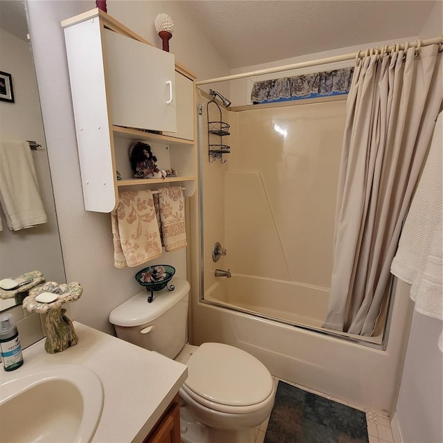 full bathroom with vanity, shower / bath combination with curtain, and toilet