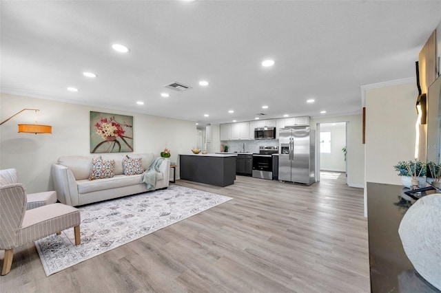 living room featuring sink, crown molding, and light hardwood / wood-style flooring