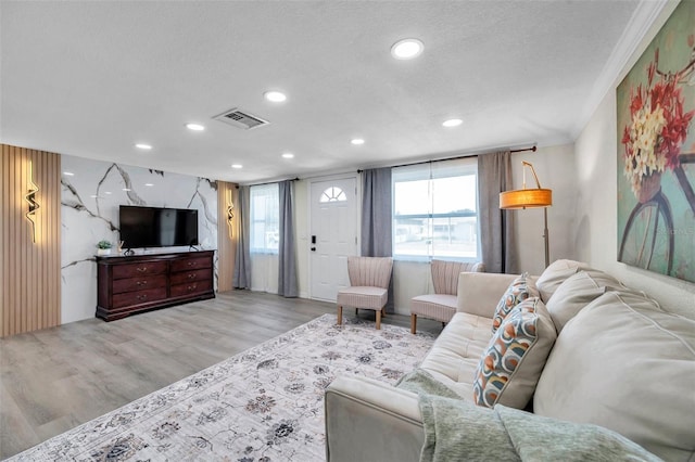 living room featuring a textured ceiling and light wood-type flooring