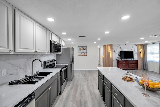 kitchen with sink, light stone counters, appliances with stainless steel finishes, white cabinets, and backsplash