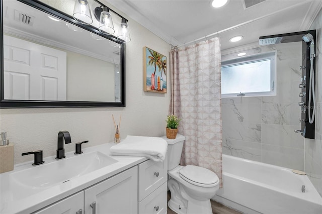 full bathroom featuring crown molding, vanity, toilet, and shower / bath combo with shower curtain