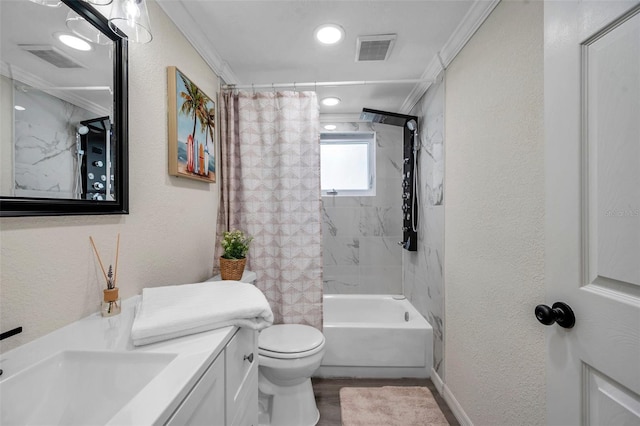 full bathroom with toilet, crown molding, vanity, shower / bath combo with shower curtain, and hardwood / wood-style floors