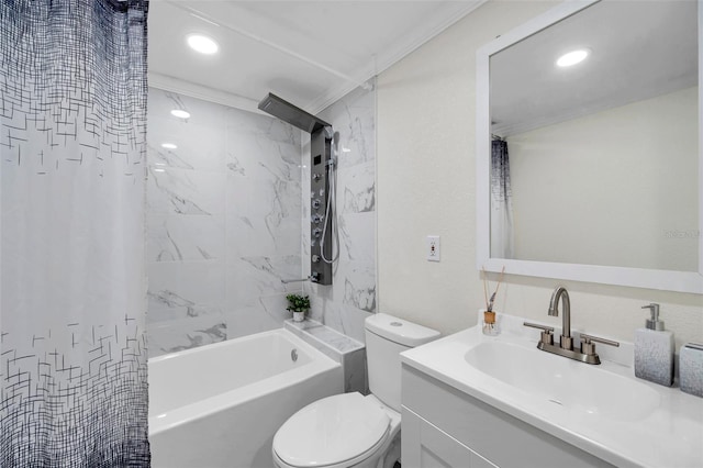 full bathroom featuring ornamental molding, toilet, vanity, and shower / bath combo